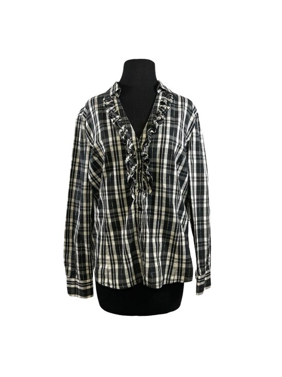 New York & Company Tops - New York & Company Womens Plaid Button-Up Black/White L Cotton Ruffle Accent